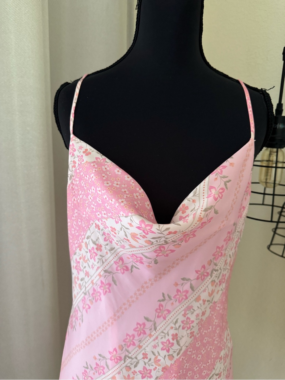 Altar’d State Pink Floral Satin Slip Mini Dress Cowl Neck Size Medium - Picture 4 of 8
